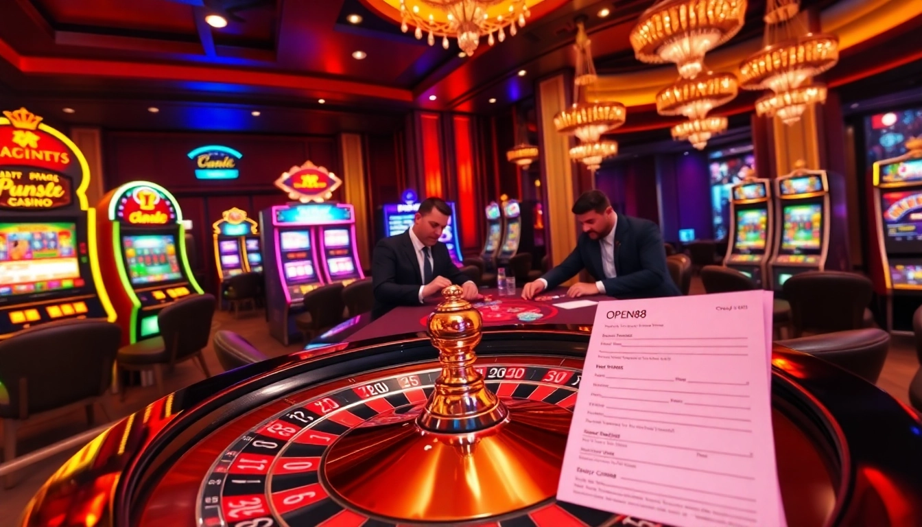 Engaging scene of professional players at OPEN88 poker table with vibrant casino backdrop.