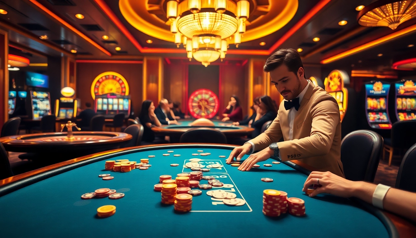 Experience the thrill of betting at F168's vibrant casino with poker tables and roulette wheels.