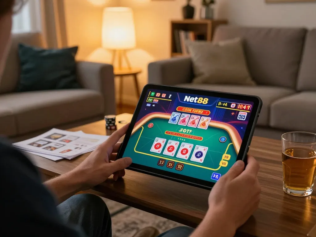 Engaging scene of a person playing net88 casino games on a tablet at home