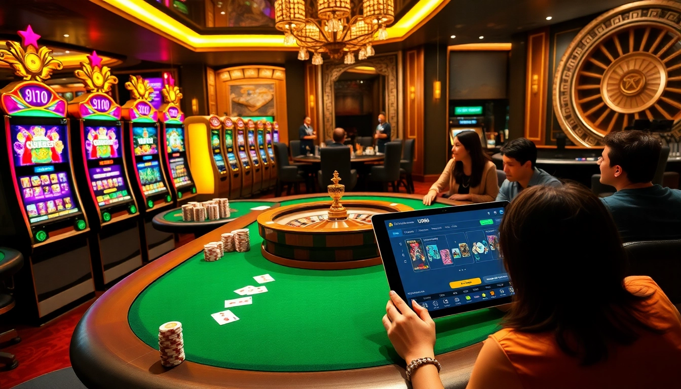 Exciting gambling experience at UU88 casino featuring vibrant slot machines and poker tables.