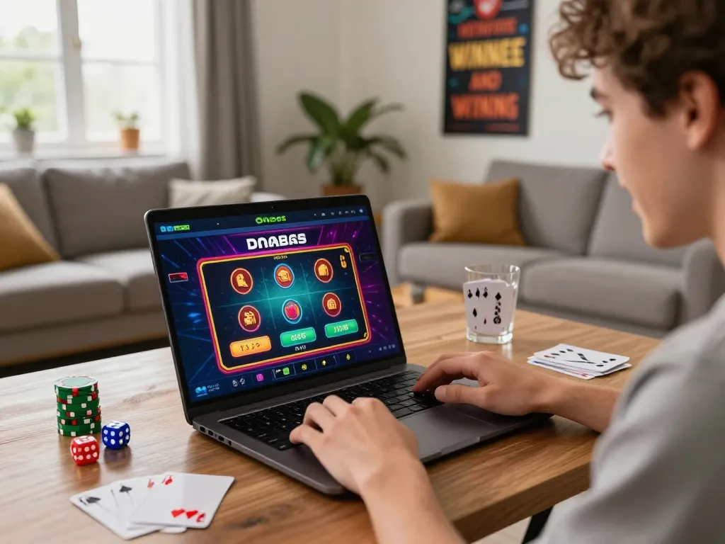 Excited player using the Onbet app in a vibrant gaming setup, showcasing engaging graphics and accessories.