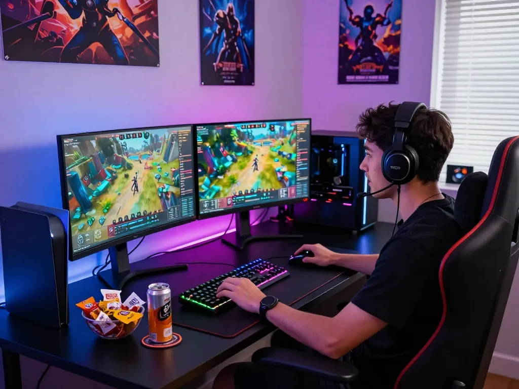 Dynamic Go99 gaming setup with dual monitors, RGB keyboard, and vibrant room atmosphere.