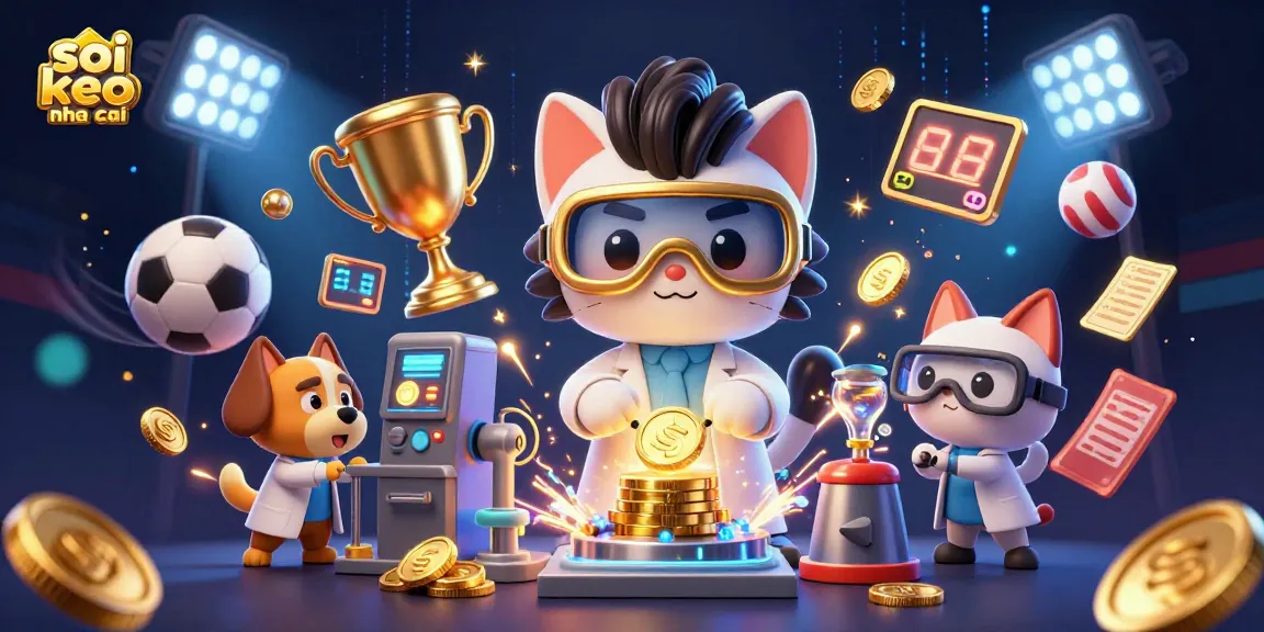 Exciting scene with 3D cartoon characters creating gold coins while showcasing soi keo nha cai elements in sports betting environment.