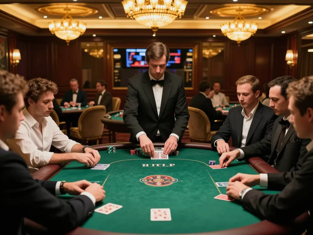 Engaged players at HITCLUB poker table strategizing their bets under warm casino lighting.
