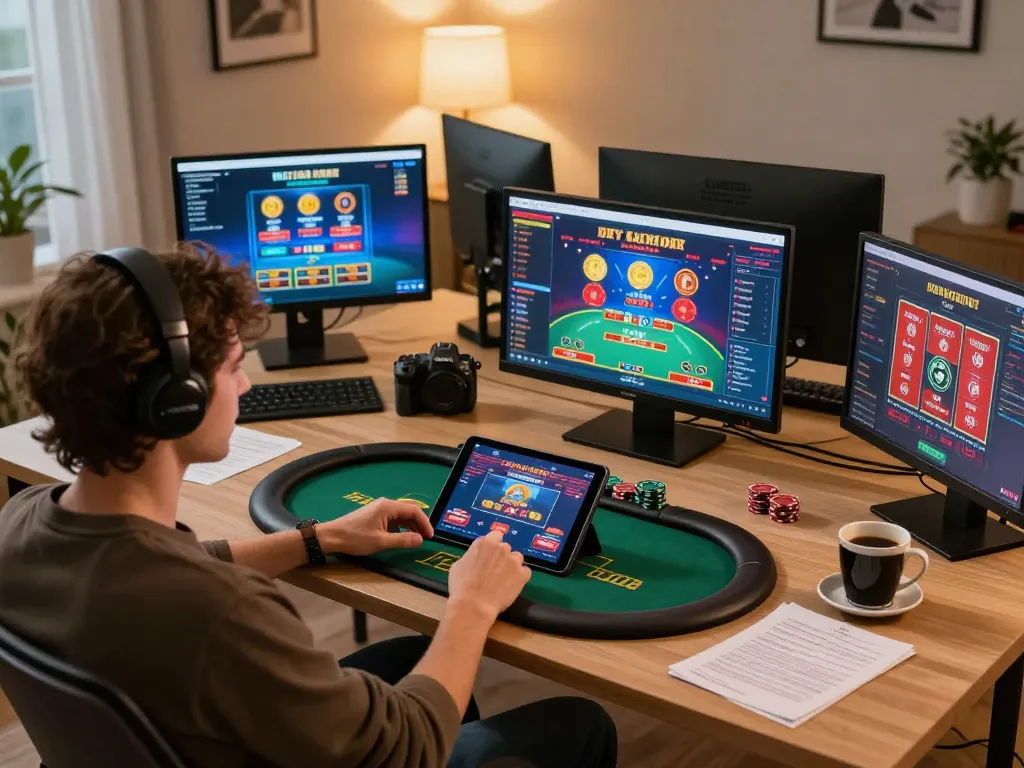 b52club player enjoying a dynamic online poker game from home with strategic notes.