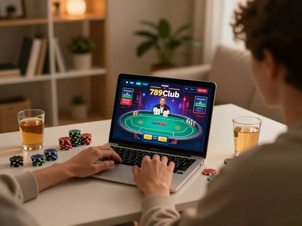 A player enjoying an online poker game at 789Club on their laptop in a cozy home setting.