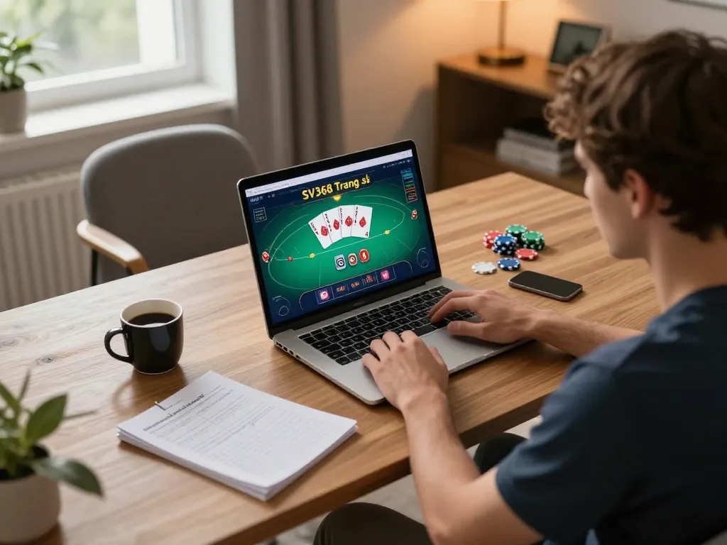 Engaging in poker on SV368 Trang chủ through a laptop with cozy home office surroundings.
