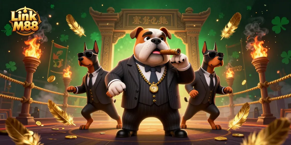 Exciting gaming action at Link M88 showcases a mafia bulldog and bodyguard Dobermans amidst golden casino elements.