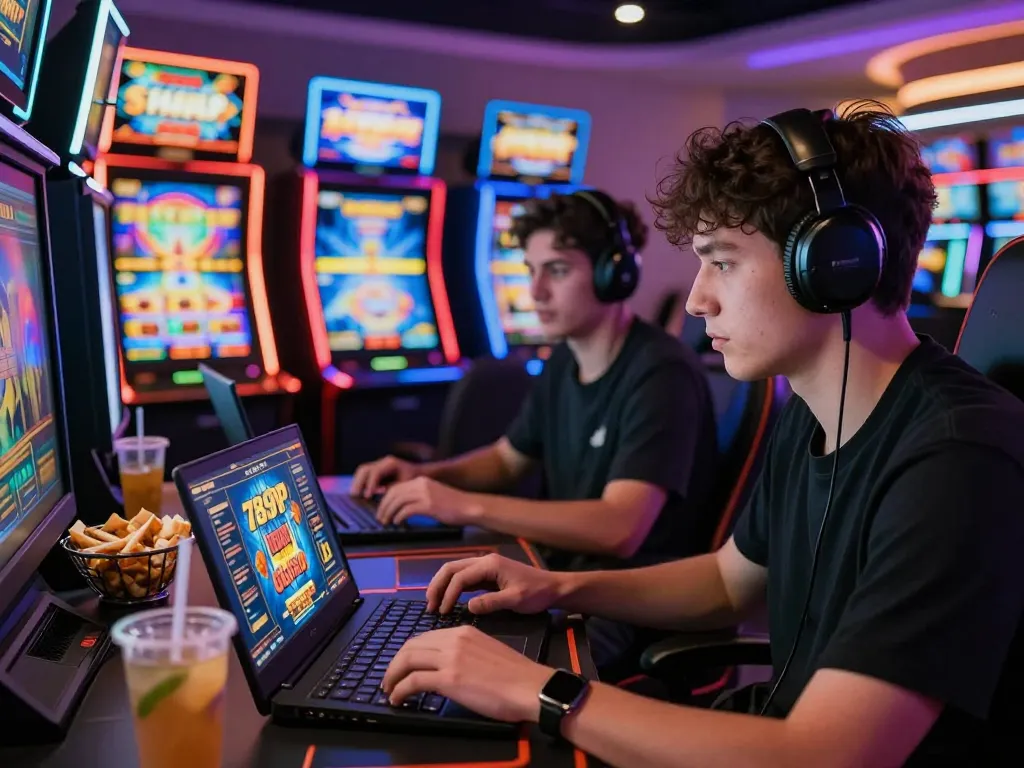 Gamer engaged in thrilling online gaming experience on 789P platform with vibrant casino visuals.