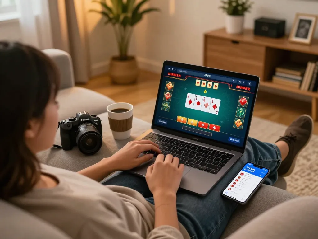 Engage in thrilling online blackjack with 789win on a cozy laptop setup.