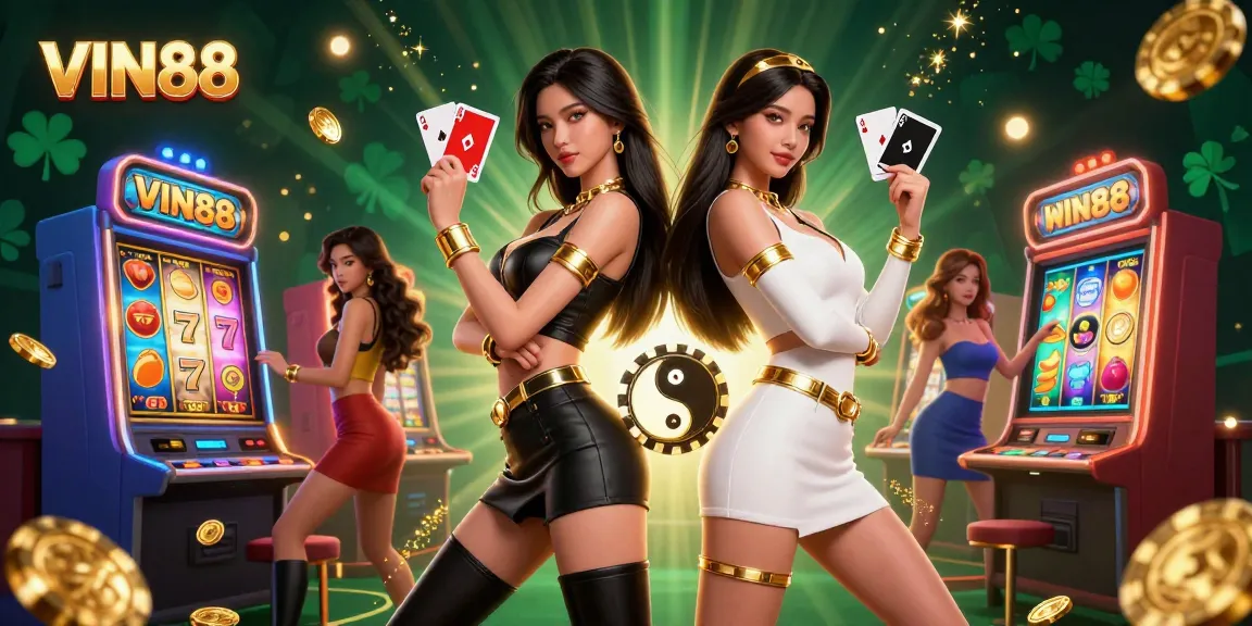 Win big with VIN88 in this vibrant 3D casino art featuring skilled players and slot machines.