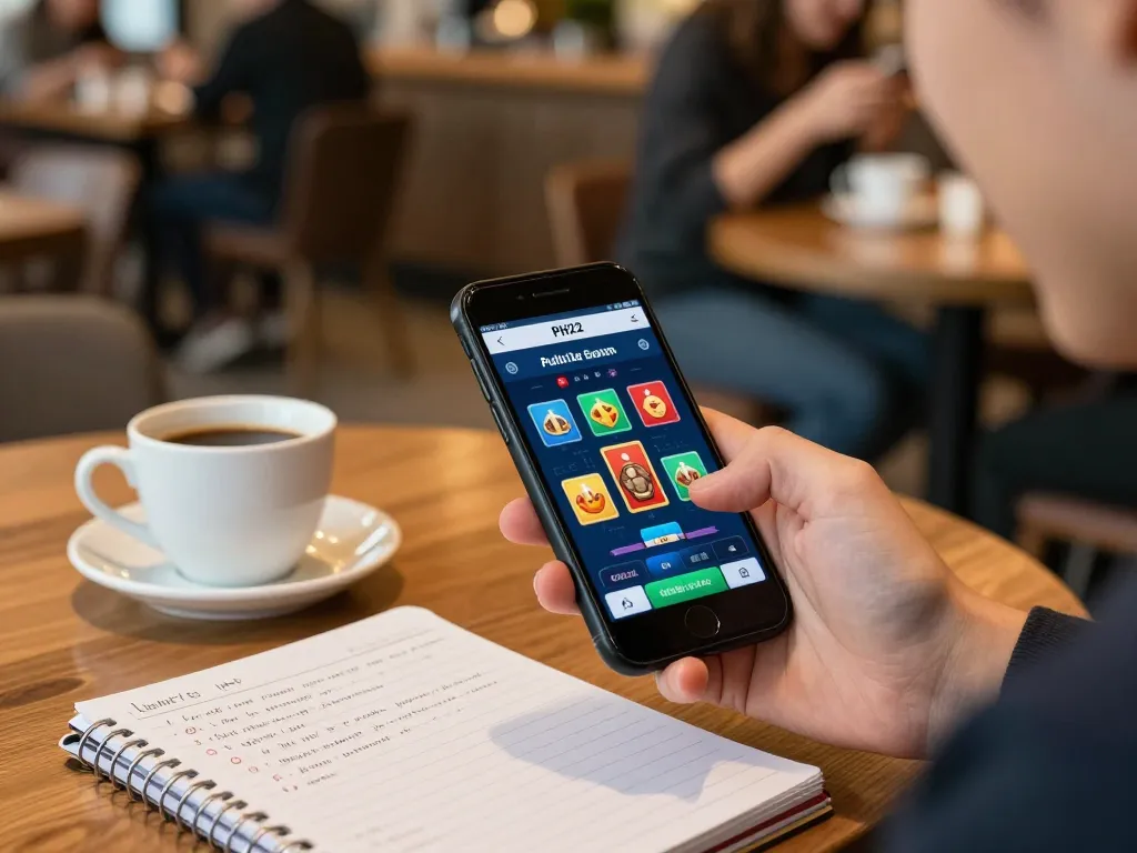 Engaging with the PH22 app on smartphone, showcasing online casino excitement in a cozy cafe