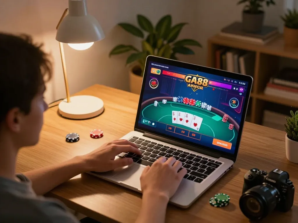 Engaging in strategic GA88 casino gameplay on a laptop in a cozy home setting.