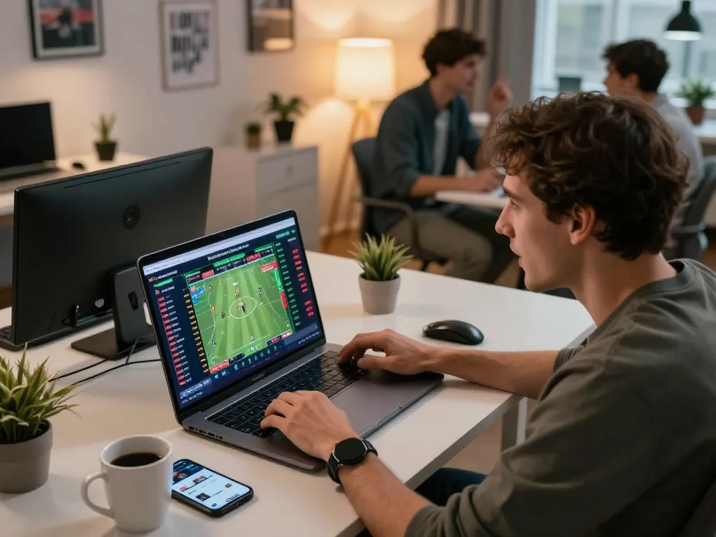 Engaging in sports betting on hm88, reviewing live odds on a laptop while excitedly discussing strategies.
