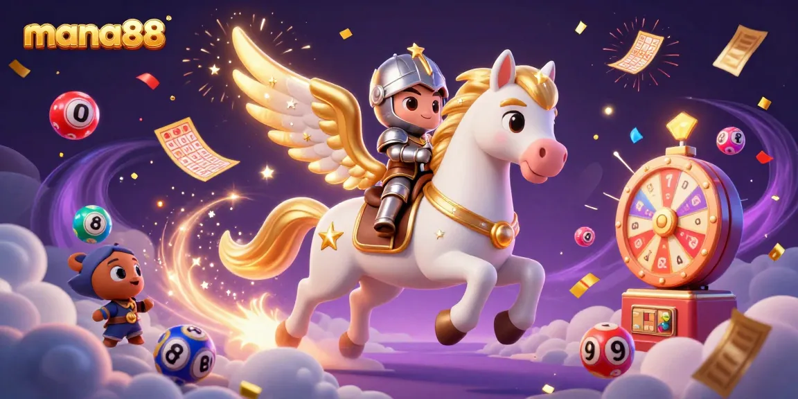 Engaging in the magical world of mana88 with a knight on a celestial horse amid festive gambling elements.