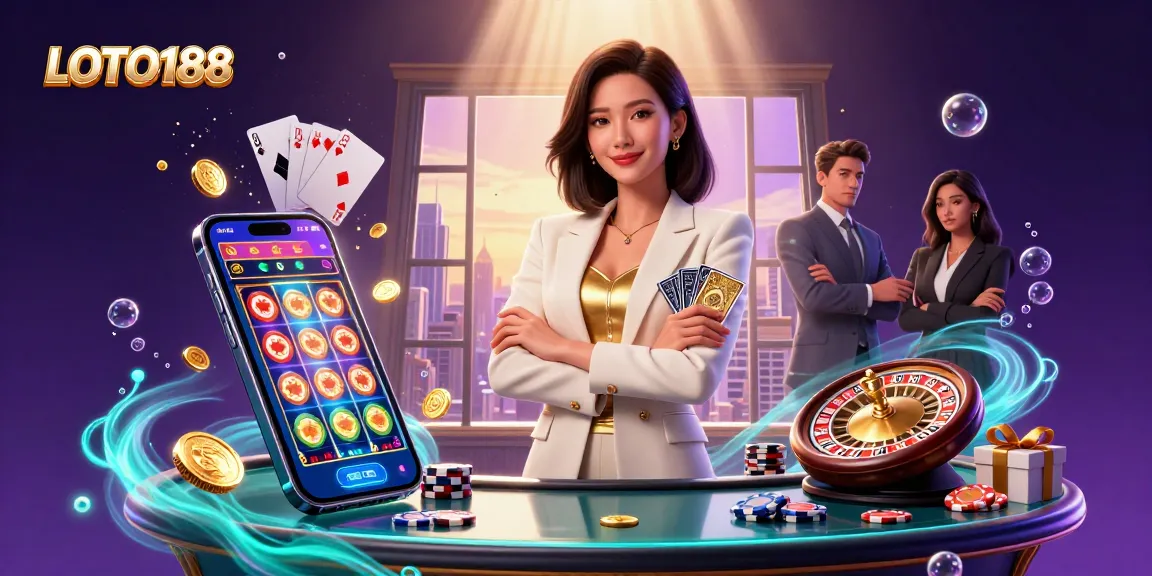 Experience the excitement of LOTO188, featuring a powerful Asian woman holding golden cards amidst vibrant casino elements.
