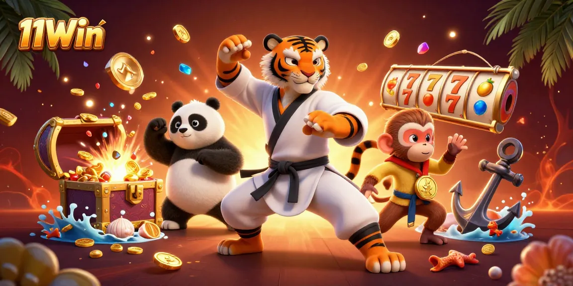 11Win slots action illustration featuring a kung fu tiger, panda, and monkey in an exciting casino scene.