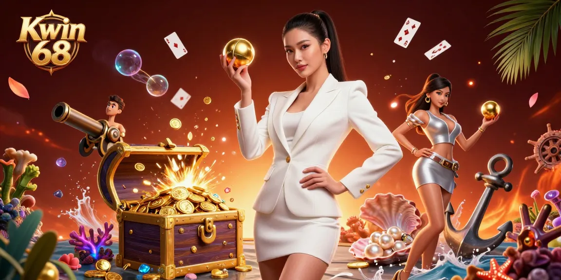 Kwin 68 captivates players with stunning visuals of an Asian woman holding a roulette ball amidst vibrant casino elements.