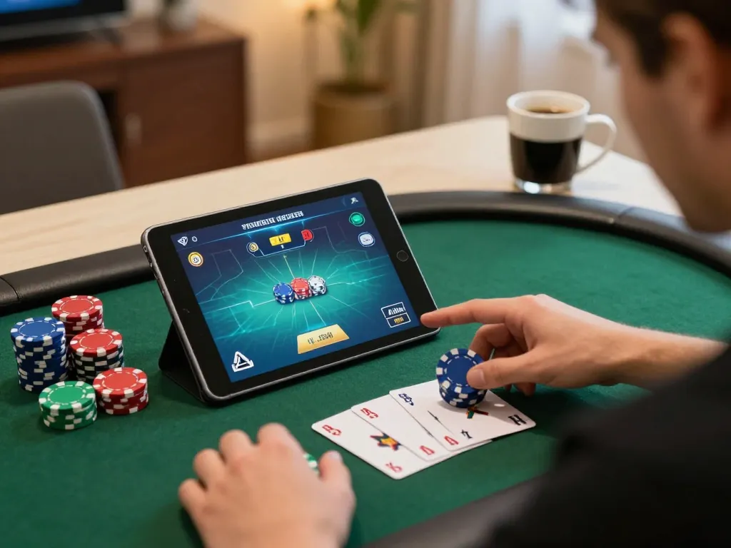 Engaging in khuyến mãi 98win while enjoying online poker gaming at home with warm lighting