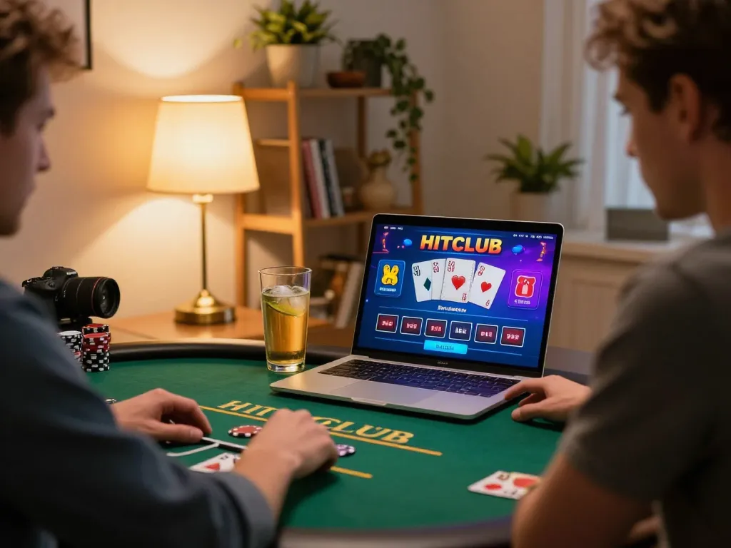 Engaging in HITCLUB online poker from a stylish home setup with vibrant gaming visuals.