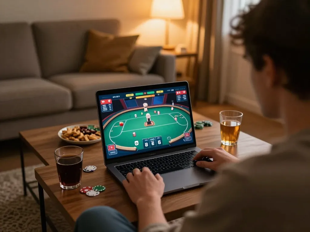 Engaging online poker gameplay at trang chủ tt88 in a cozy home environment, highlighting strategic moments.