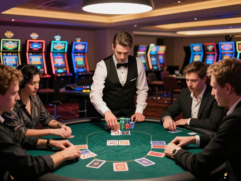 Players engaged in an intense poker game at lc88 casino table, showcasing excitement and strategic gameplay.