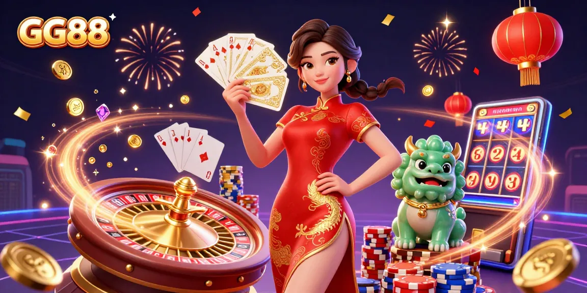 Experience the thrill with GG88 as a woman in a red qipao and a jade lion guardian set amidst casino elements.