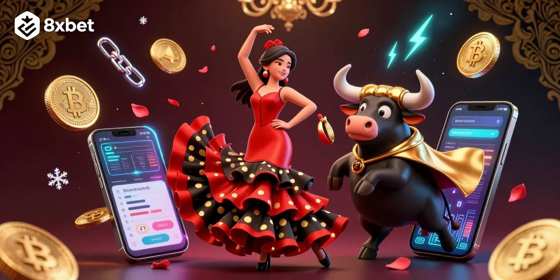 Engage with the dynamic world of 8xbet where a flamenco dancer and a bull celebrate winning bets amidst crypto elements.