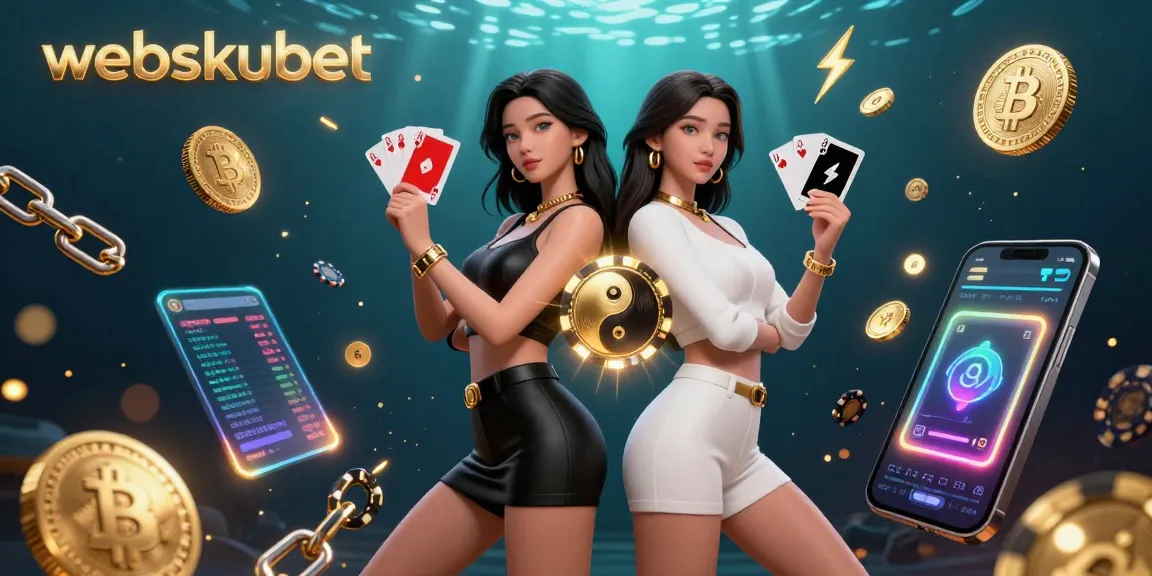Win big with webskubet as stunning women hold cards in a vibrant casino-themed illustration.