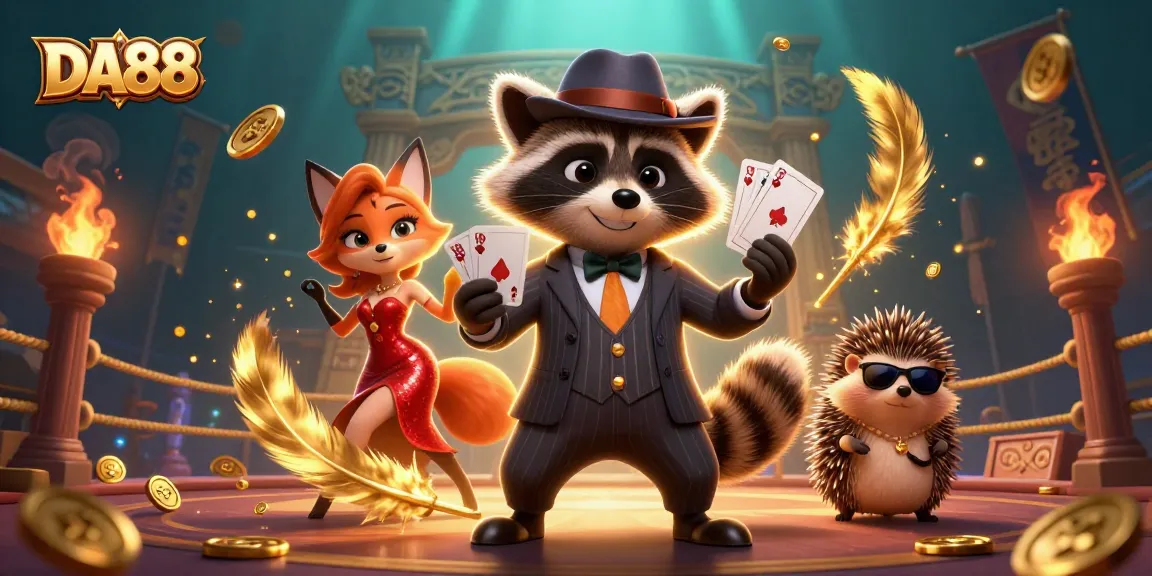 Experience the thrill of DA88 with a raccoon in a royal flush hand amid lively casino elements.