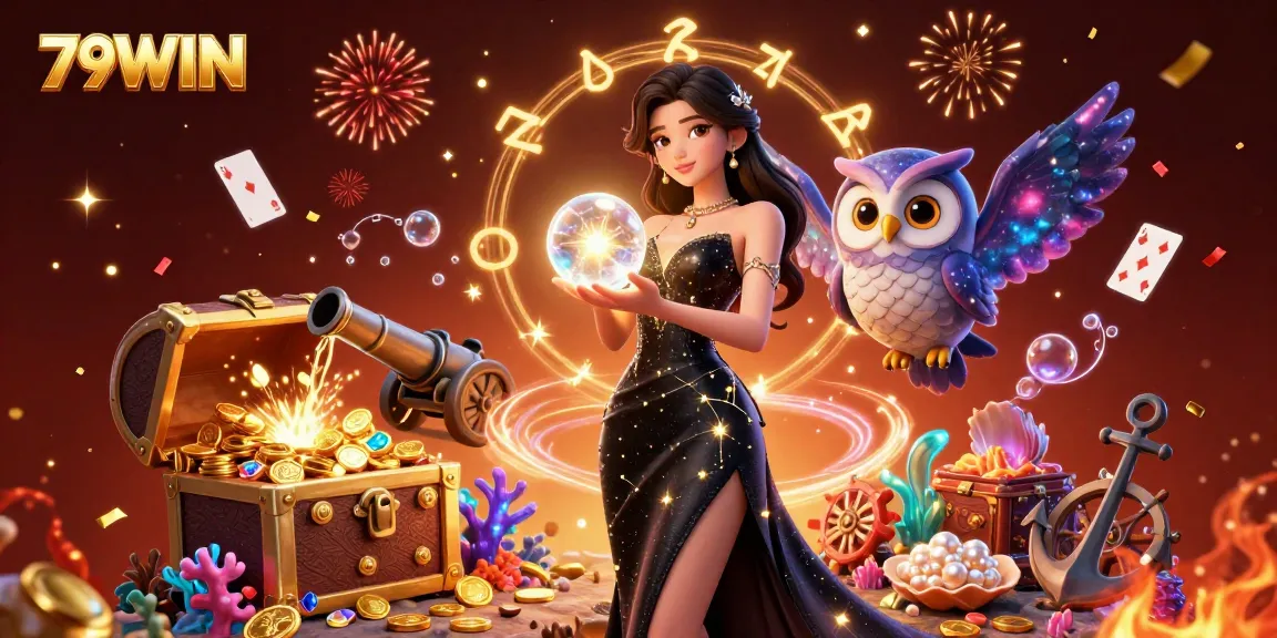 Experience thrilling gaming at 79WIN with a mystical scene featuring a woman and owl in a vibrant casino setting.