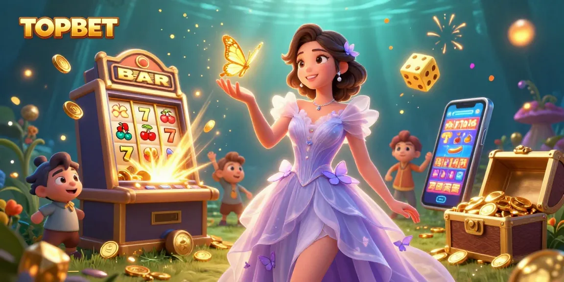 Experience dynamic gambling action with TOPBET in a vibrant casino illustration featuring jackpots and beauty!