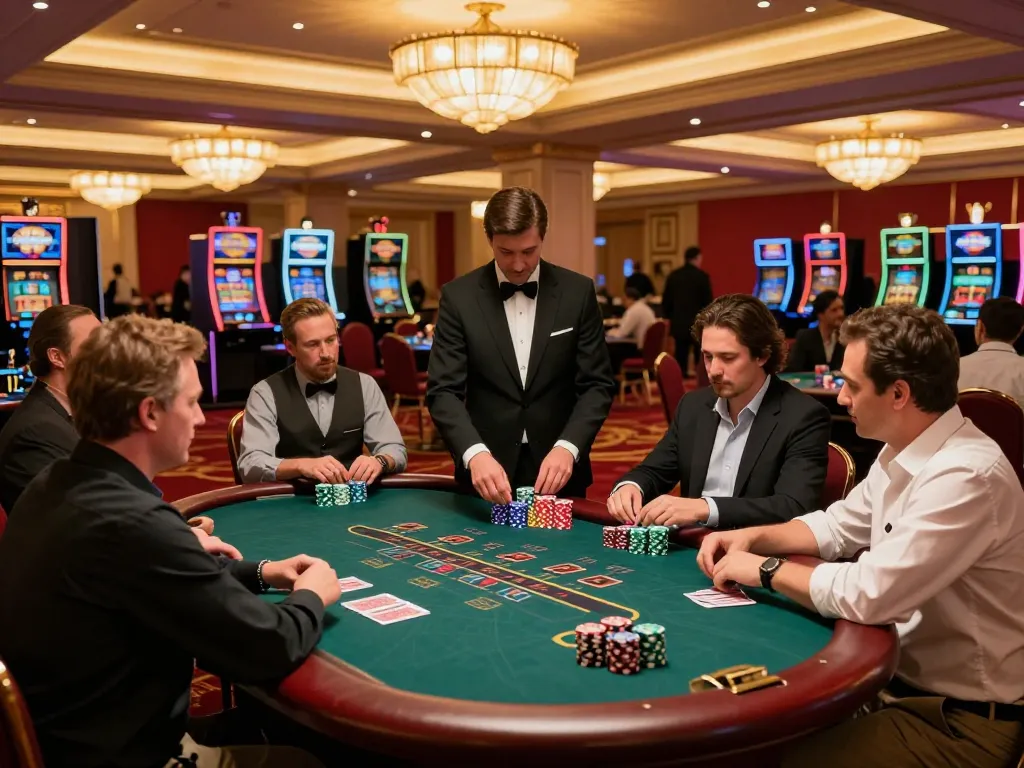 Experience rokok88 rtp dynamics at a luxurious blackjack table in a vibrant casino.