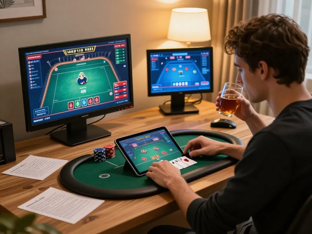 Engaging in poker gameplay on 13win with a stylish tablet setup at home.