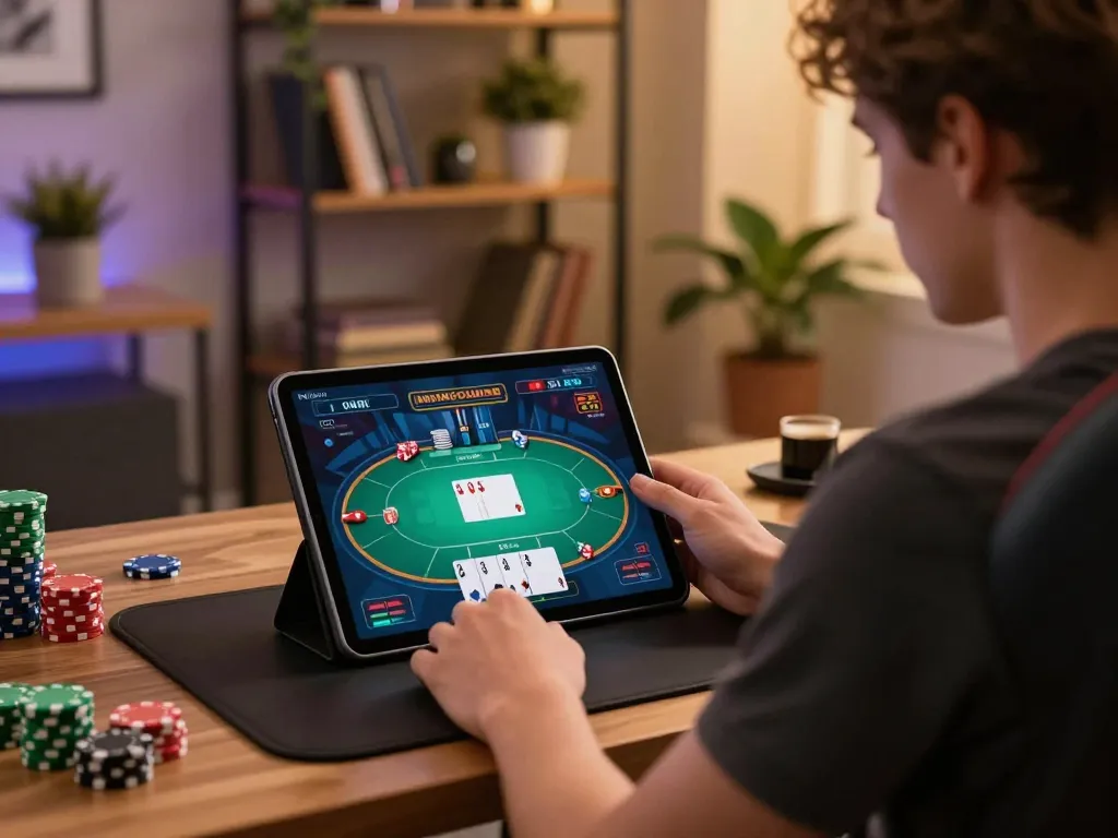 Engaging online poker gameplay on tablet reflects 79king-vn's thrilling casino experience.