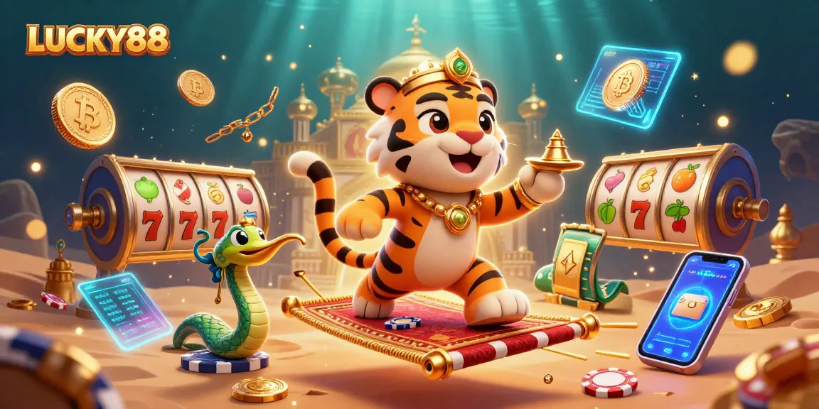 Spin to win with LUCKY88 in a vibrant 3D casino scene filled with slot reels and golden sultans.