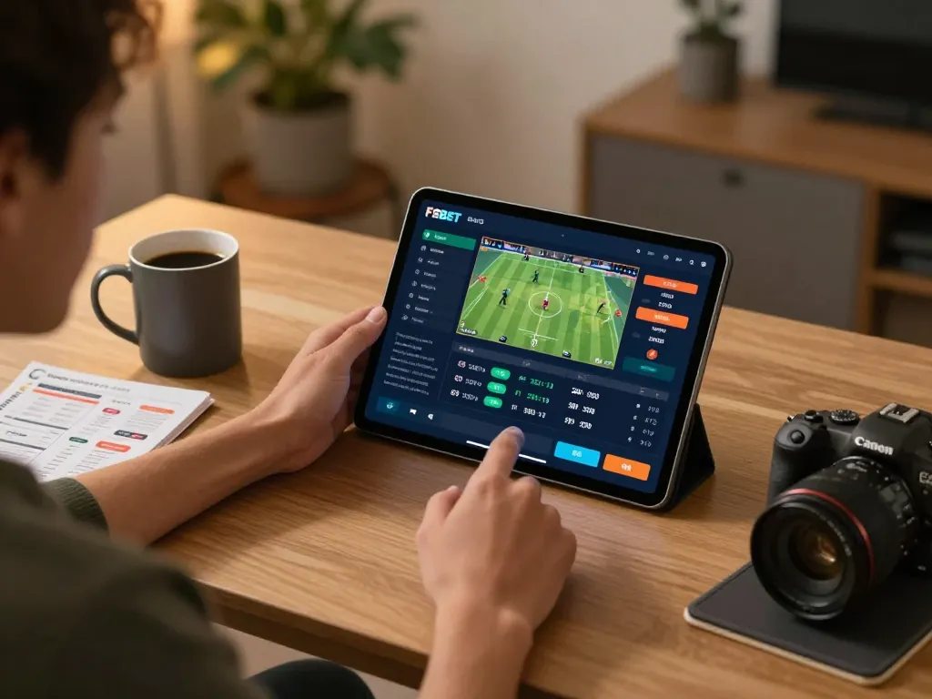 Engaging with F8BET net app on tablet for online betting in a cozy home office.