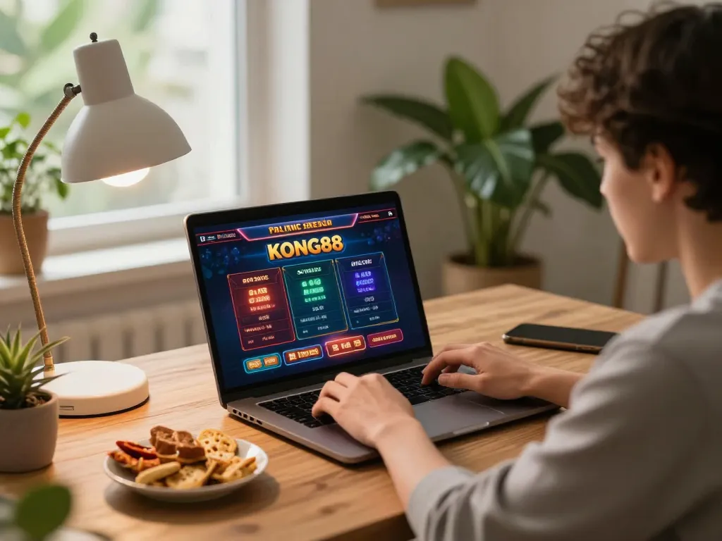 Playing online KONG88 casino games at home with betting strategies nearby.