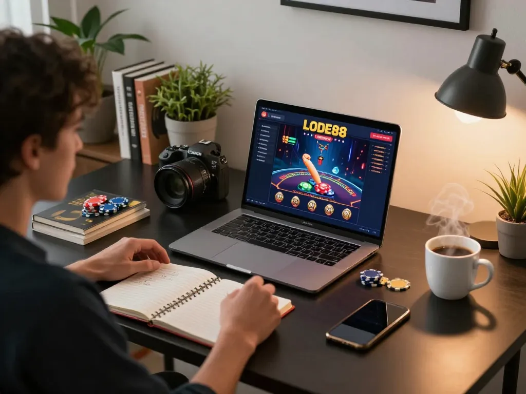 Person engaging with LODE88 online casino on laptop, featuring betting strategies.