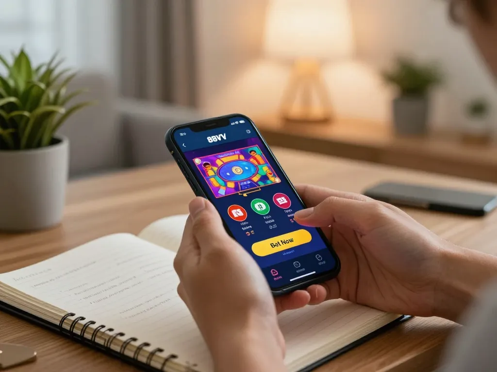 Hands engaging with the 88VV mobile app for an exciting betting experience in a modern setting.