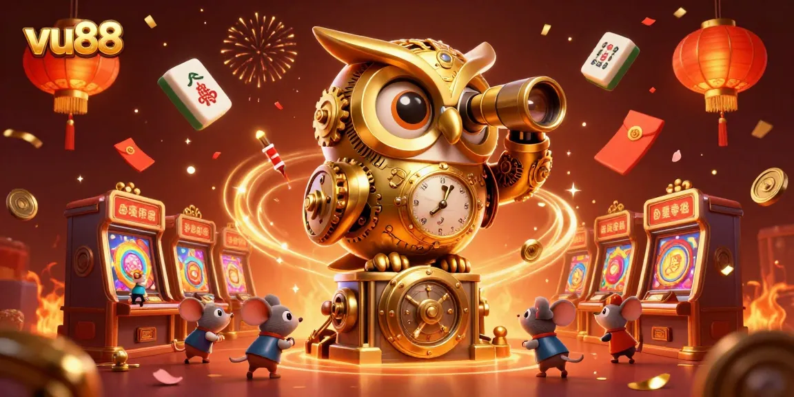 Experience the thrilling world of vu88 with a dynamic casino scene featuring a golden owl and vibrant decorations.