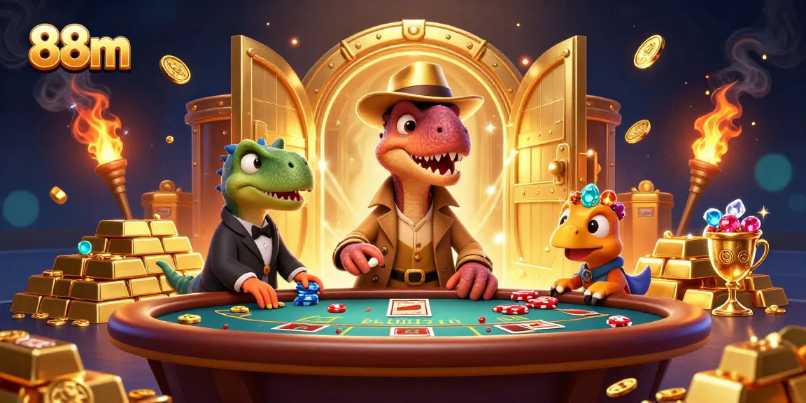 88m velociraptor card counter navigating a blackjack table amidst sparkling treasures and a stegosaurus pit boss