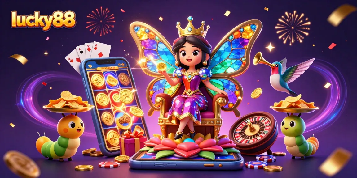 Experience lucky88 at its finest with a vibrant 3D casino scene featuring exciting games and joyous characters.
