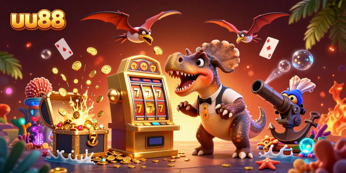 uu88 slot machine action featuring 3D characters winning coins in a vibrant casino scene