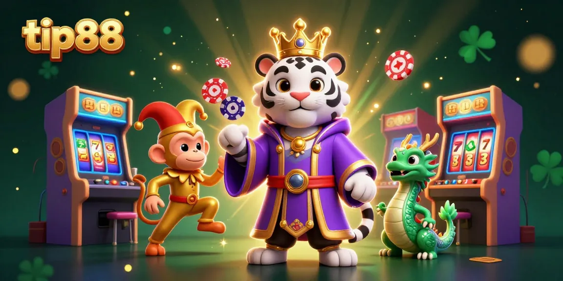 Engage in action at tip88, featuring a cartoon white tiger, monkey juggling poker chips, and slot game elements.