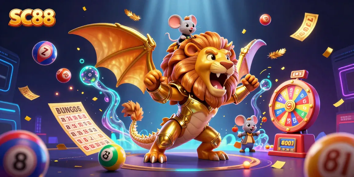 Win big with SC88 as the golden chimera and brave mouse jockey celebrate casino excitement amidst vibrant lottery elements.