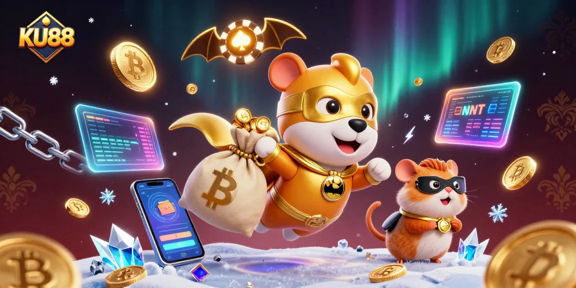 Win big at KU88 Casino with a vibrant illustration featuring a superhero dog and crypto elements.