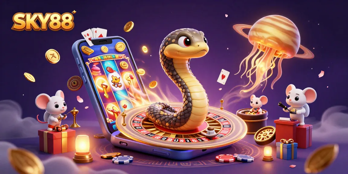 Engage with thrilling slots at SKY88, featuring a 3D cosmic casino scene with vibrant gambling elements.