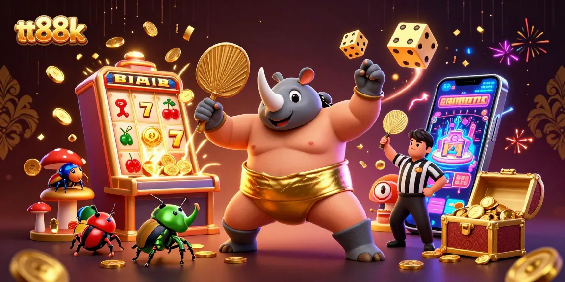 Witness the thrilling action at tt88k as the beetle champion celebrates big wins surrounded by vibrant casino elements.