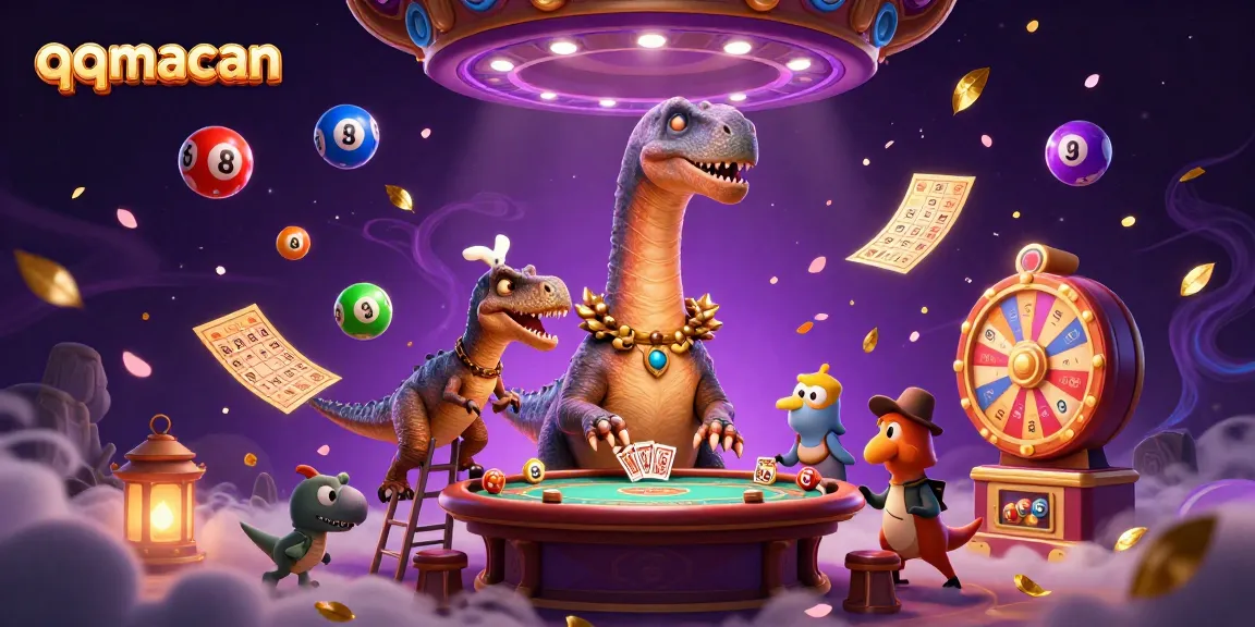 Permainan qqmacan penuh warna dengan dinosaurus dan kartu yang menghibur dalam suasana kasino.
